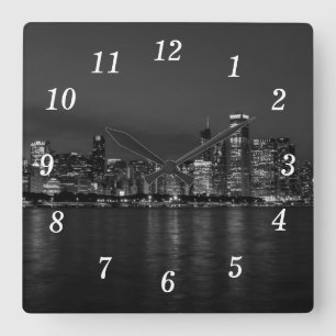 Chicago Nacht Stadtlandschaft Graustufen Wanduhr