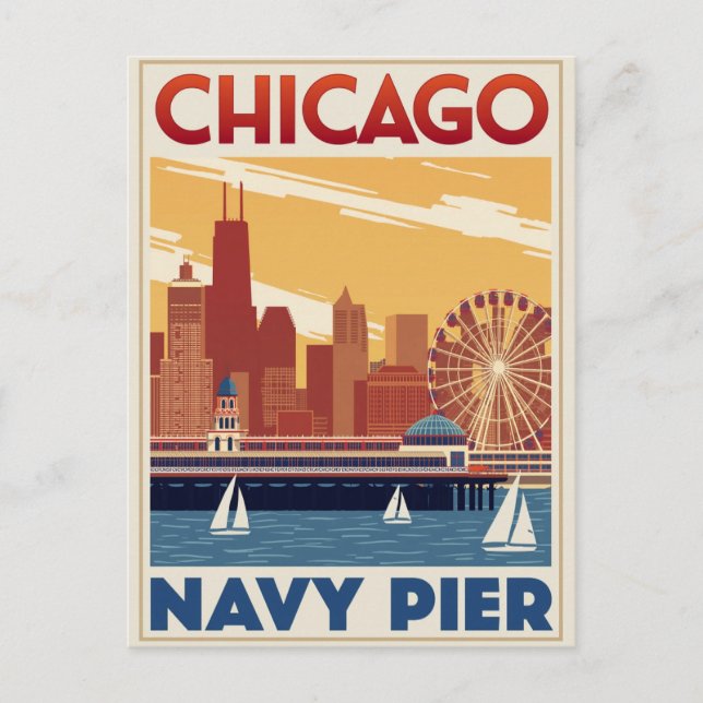 Chicago Navy Pier Skyline Retro Postkarte (Vorderseite)