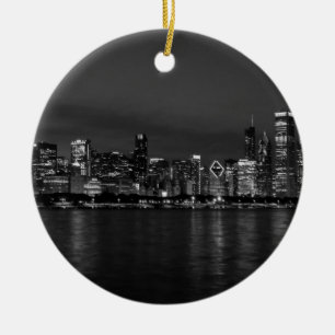 Chicago Night Cityscape Grayscale Keramikornament