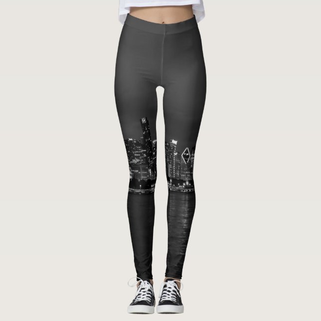 Chicago Night Cityscape Grayscale Leggings (Vorderseite)