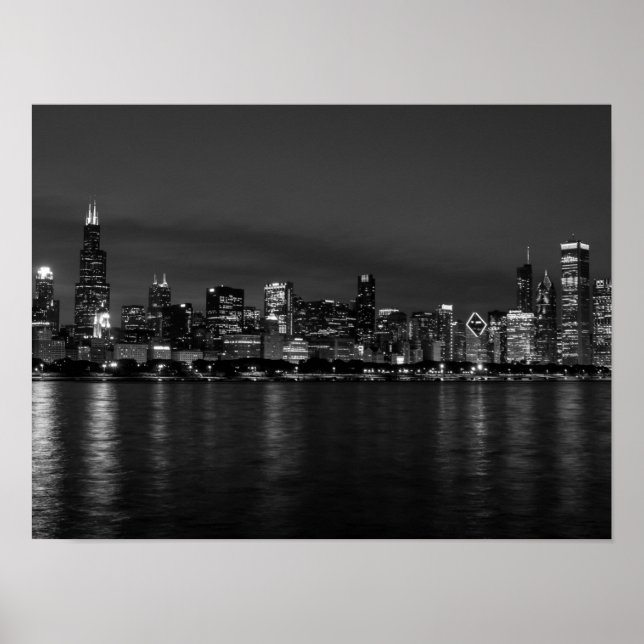 Chicago Night Cityscape Grayscale Poster (Vorne)