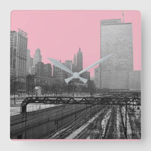 Chicago Rail Yards Foto der Eisenbahn im Stadtzent Quadratische Wanduhr