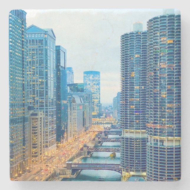 Chicago River bei Dusk Steinuntersetzer (Vorderseite)
