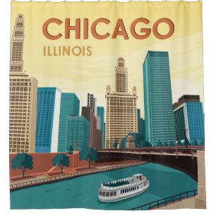 Chicago River Skyline Vintage Travel Duschvorhang