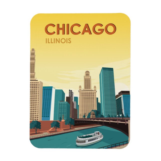 Chicago River Skyline Vintage Travel Magnet (Vertikal)
