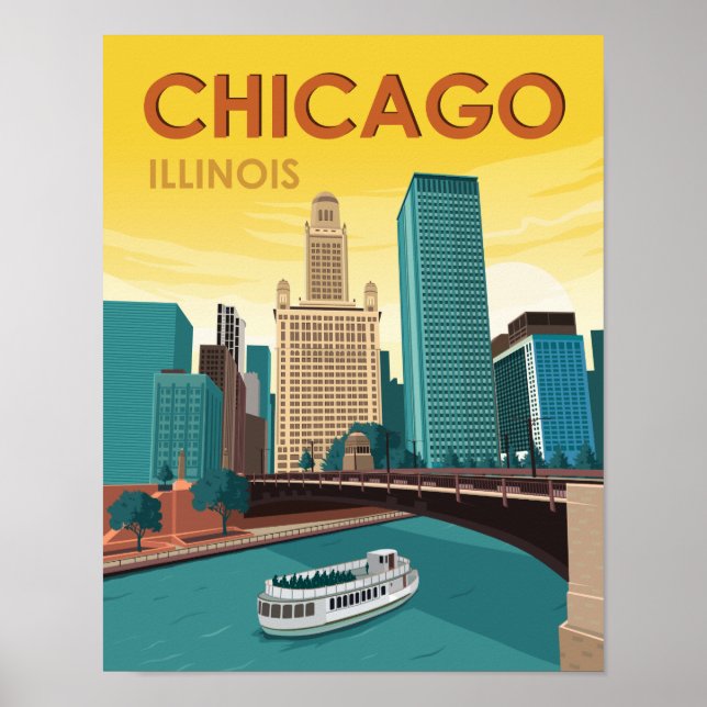 Chicago River Skyline Vintage Travel Poster (Vorne)
