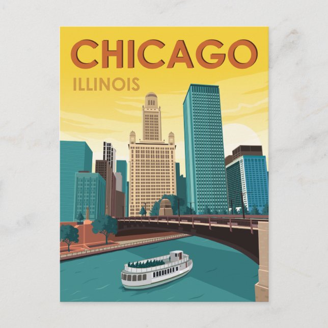 Chicago River Skyline Vintage Travel Postkarte (Vorderseite)