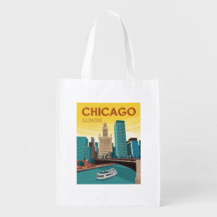 Chicago River Skyline Vintage Travel Wiederverwendbare Einkaufstasche