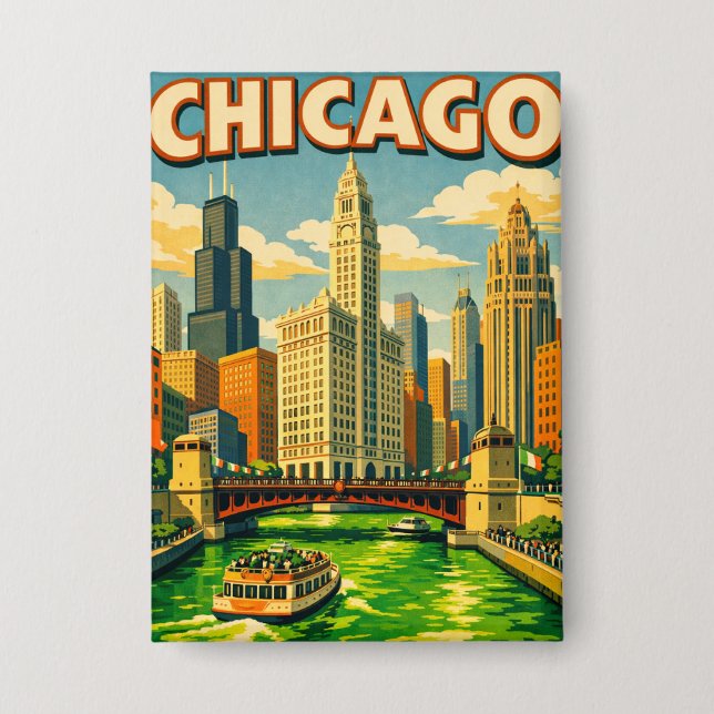 Chicago River St. Patricks Day Postkarte Button (Vorderseite)