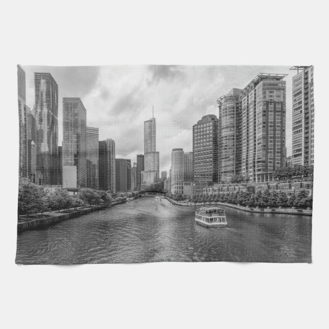 Chicago River und Trump Tower Grayscale Geschirrtuch (Horizontal)