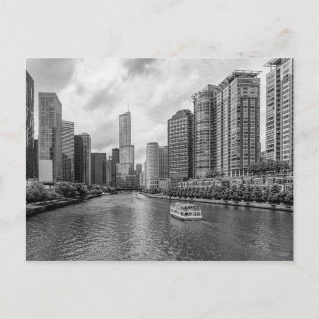 Chicago River und Trump Tower Grayscale Postkarte (Vorderseite)