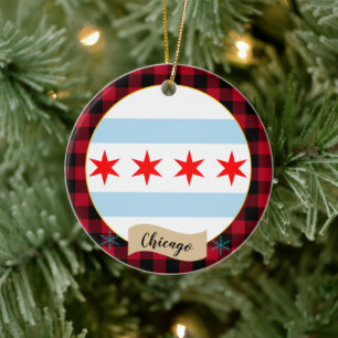 Chicago, rotes Büffelkaromuster & Chicago-Flagge Keramik Ornament