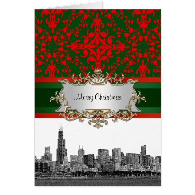 Chicago Skyline #1 Vintag Look Red & Green Damask (Vorne)