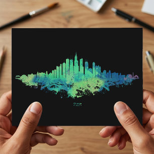 Chicago Skyline Aquarell Blau Grün Stadt Kunst Postkarte