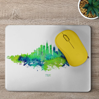 Chicago Skyline Aquarell Blau & Limette Kunst Druc Mousepad