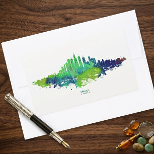 Chicago Skyline Aquarell Blau & Limette Kunst Druc Rechteckiger Aufkleber