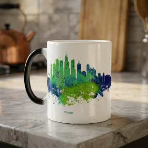 Chicago Skyline Aquarell Blau & Limette Kunst Druc Verwandlungstasse