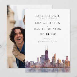 Chicago Skyline Aquarell-Foto-Hochzeit Save The Date