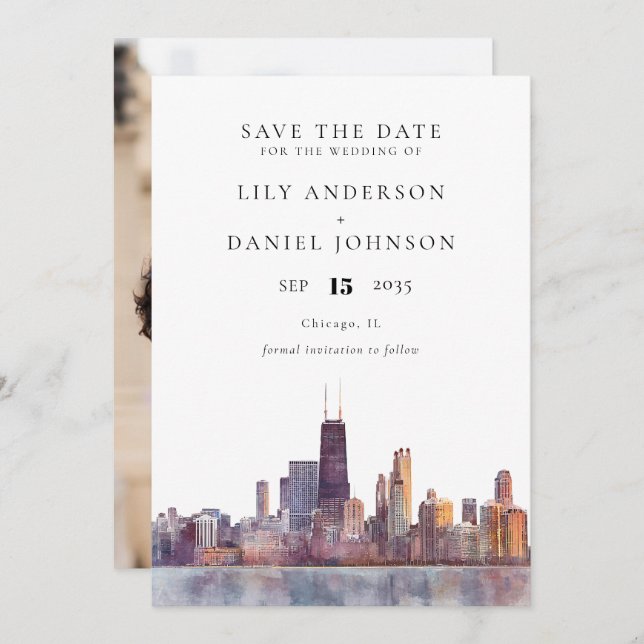Chicago Skyline Aquarell-Foto-Hochzeit Save The Date (Vorne/Hinten)