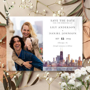 Chicago Skyline Aquarell-Foto-Hochzeit Save The Date