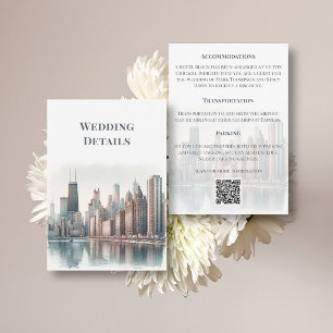 Chicago Skyline Aquarell Hochzeitsdetails QR-Code Begleitkarte