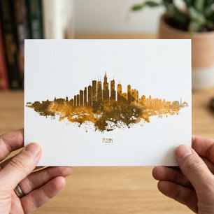 Chicago Skyline Aquarell Orange Stadtlandschaft Ku Postkarte