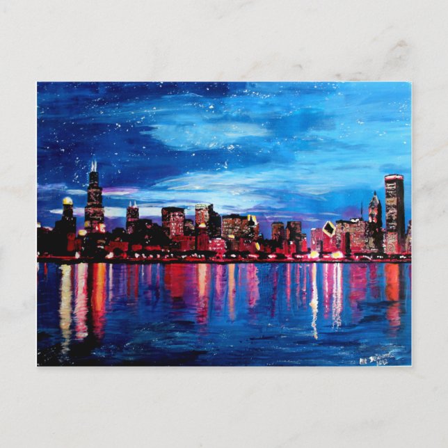 Chicago Skyline bei Nacht Postkarte (Vorderseite)