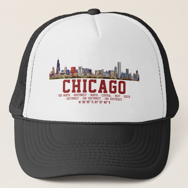 Chicago Skyline. Bereichsnamen und Koordinaten Truckerkappe (Vorderseite)