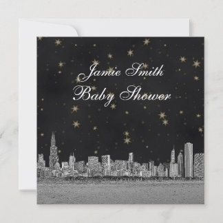 Chicago Skyline Black Gold Star Baby Dusche Einladung