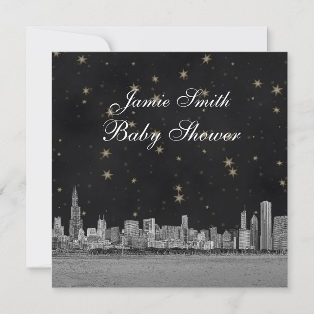 Chicago Skyline Black Gold Star Baby Dusche Einladung (Vorderseite)