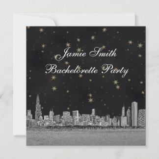 Chicago Skyline Black Gold Star Bachelorette Einladung