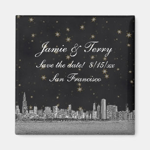 Chicago Skyline Black Gold Star Save the Date Magnet