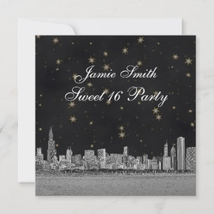 Chicago Skyline Black Gold Star Sweet 16 Einladung