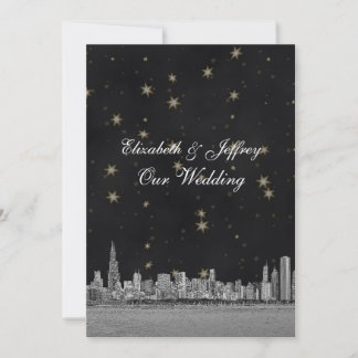 Chicago Skyline Black Gold Star V Wedding Einladung