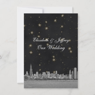 Chicago Skyline Black Gold Star V Wedding Einladung