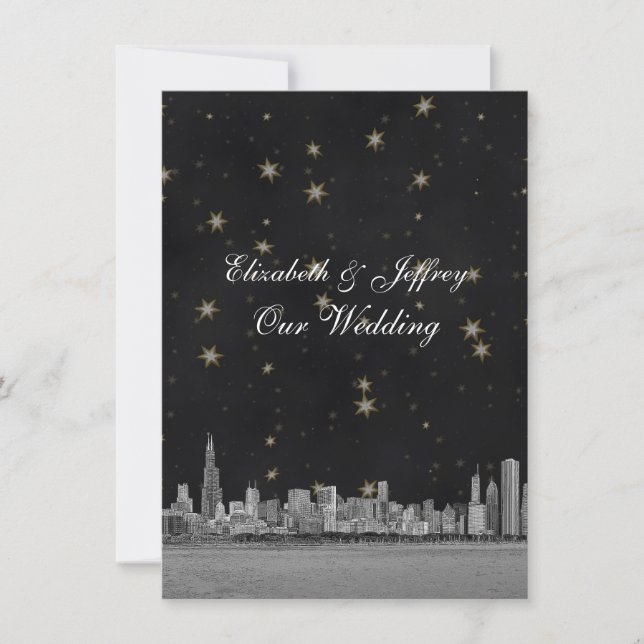 Chicago Skyline Black Gold Star V Wedding Einladung (Vorderseite)