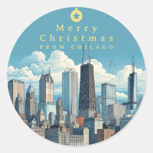 Chicago Skyline Blau Frohe Weihnachten Urlaub Runder Aufkleber