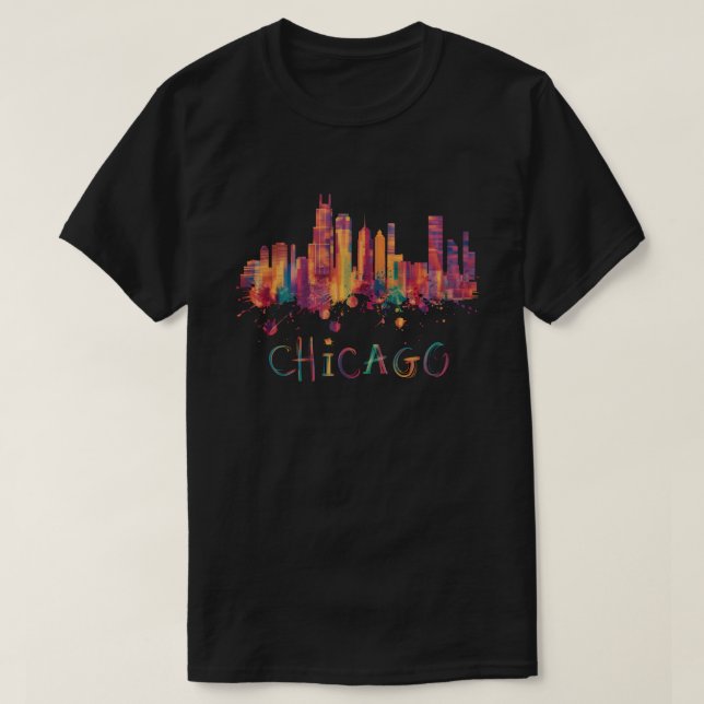 Chicago Skyline Cityscape Watercolor Chicago Flag T-Shirt (Design vorne)