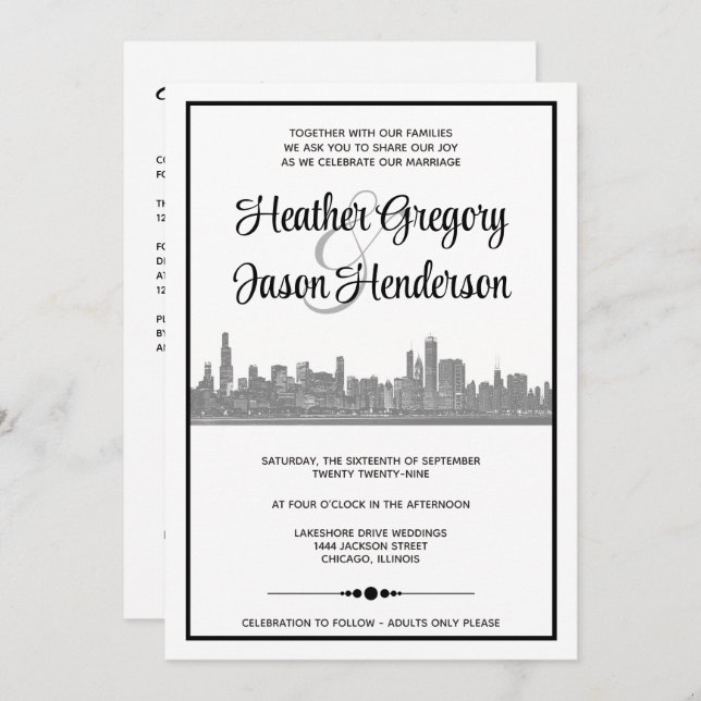 Chicago Skyline Einladung zur Hochzeit mit QR Code (Vorne/Hinten)