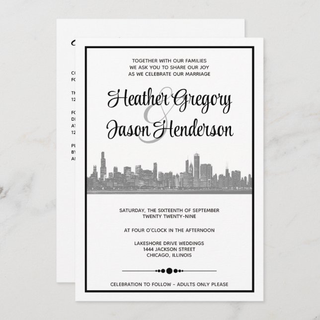 Chicago Skyline Einladung zur Hochzeit mit QR Code (Vorne/Hinten)