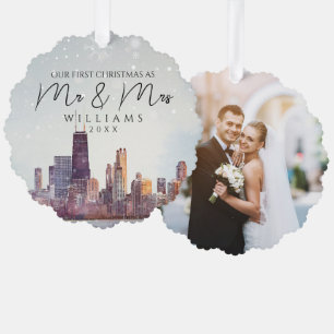 Chicago Skyline Erstes Weihnachten als Herr und Fr Ornament Karte