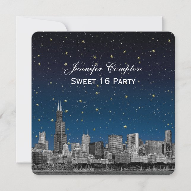 Chicago Skyline Etch Blue Starry SQ Sweet 16 Einladung (Vorderseite)