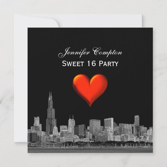 Chicago Skyline Etch DIY BG Red Heart SQ Sweet 16 Einladung (Vorderseite)