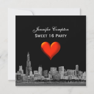 Chicago Skyline Etch DIY BG Red Heart SQ Sweet 16 Einladung
