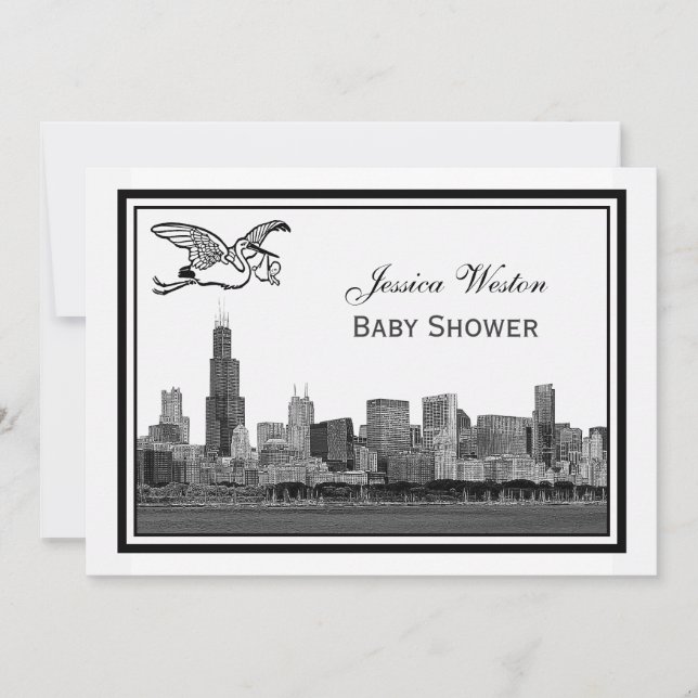 Chicago Skyline Etch Gerahmt #2H Baby Shower Storc Einladung (Vorderseite)