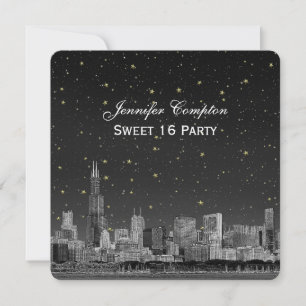 Chicago Skyline Etch Gray Starry SQ Sweet 16 Einladung