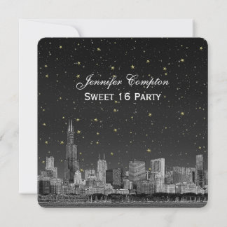 Chicago Skyline Etch Gray Starry SQ Sweet 16 Einladung