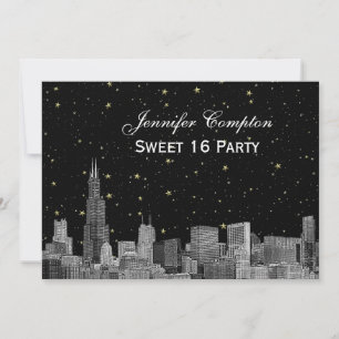 Chicago Skyline Etch Starry DIY BG SQ Sweet 16 H Einladung