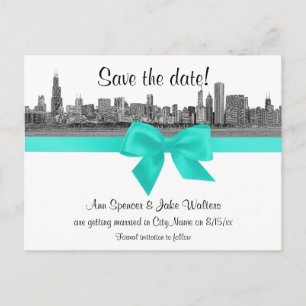 Chicago Skyline Etched BW Aqua Save the Date Ankündigungspostkarte
