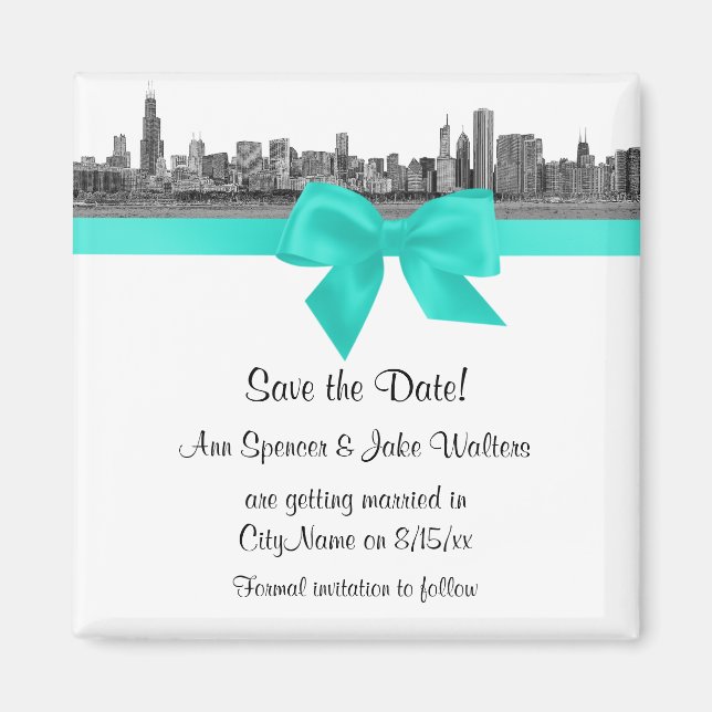 Chicago Skyline Etched BW Aqua Save the Date Magnet (Vorne)